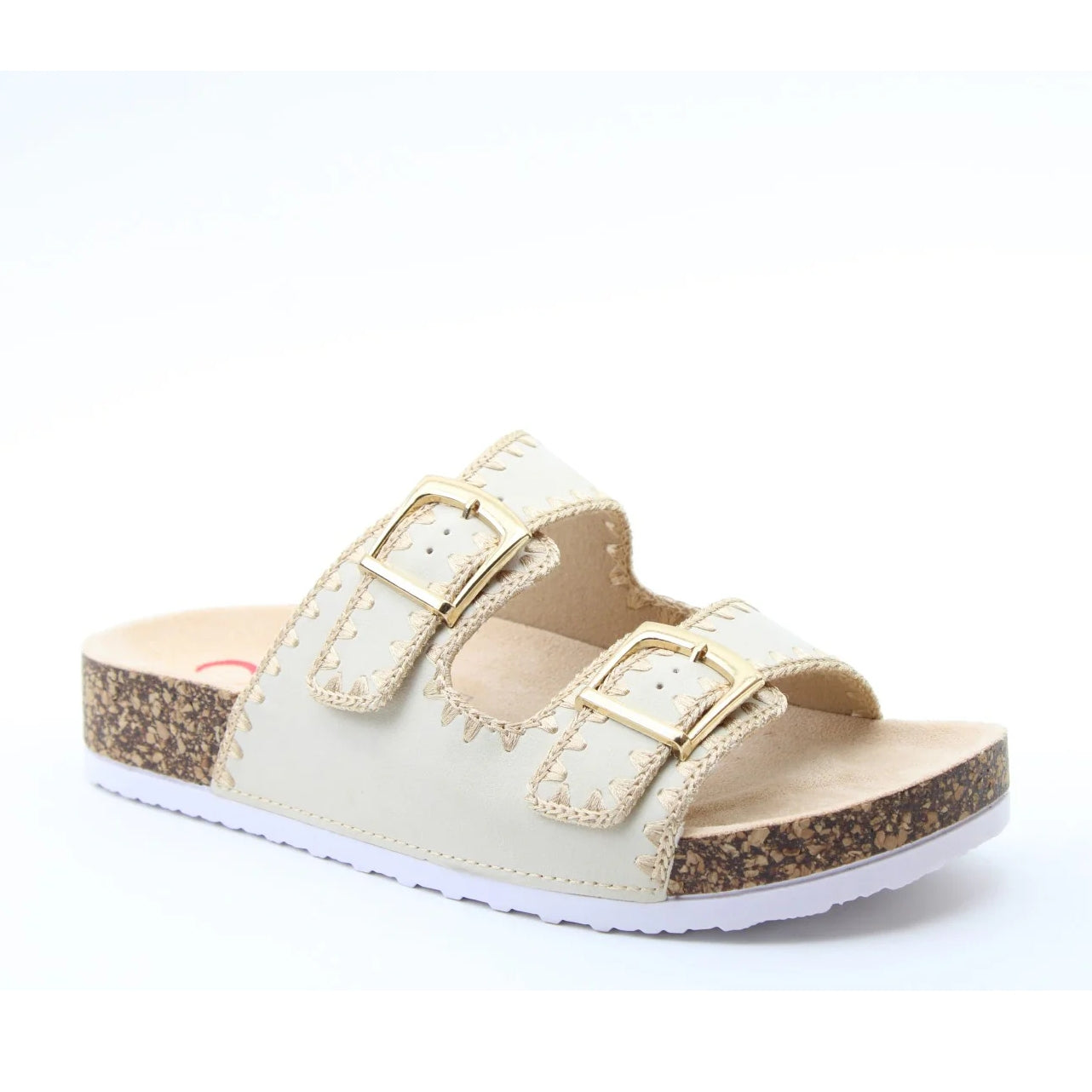 Main front view of a women's Heavenly Feet Sandy double buckle slider sandal in Beige with embroidered straps.