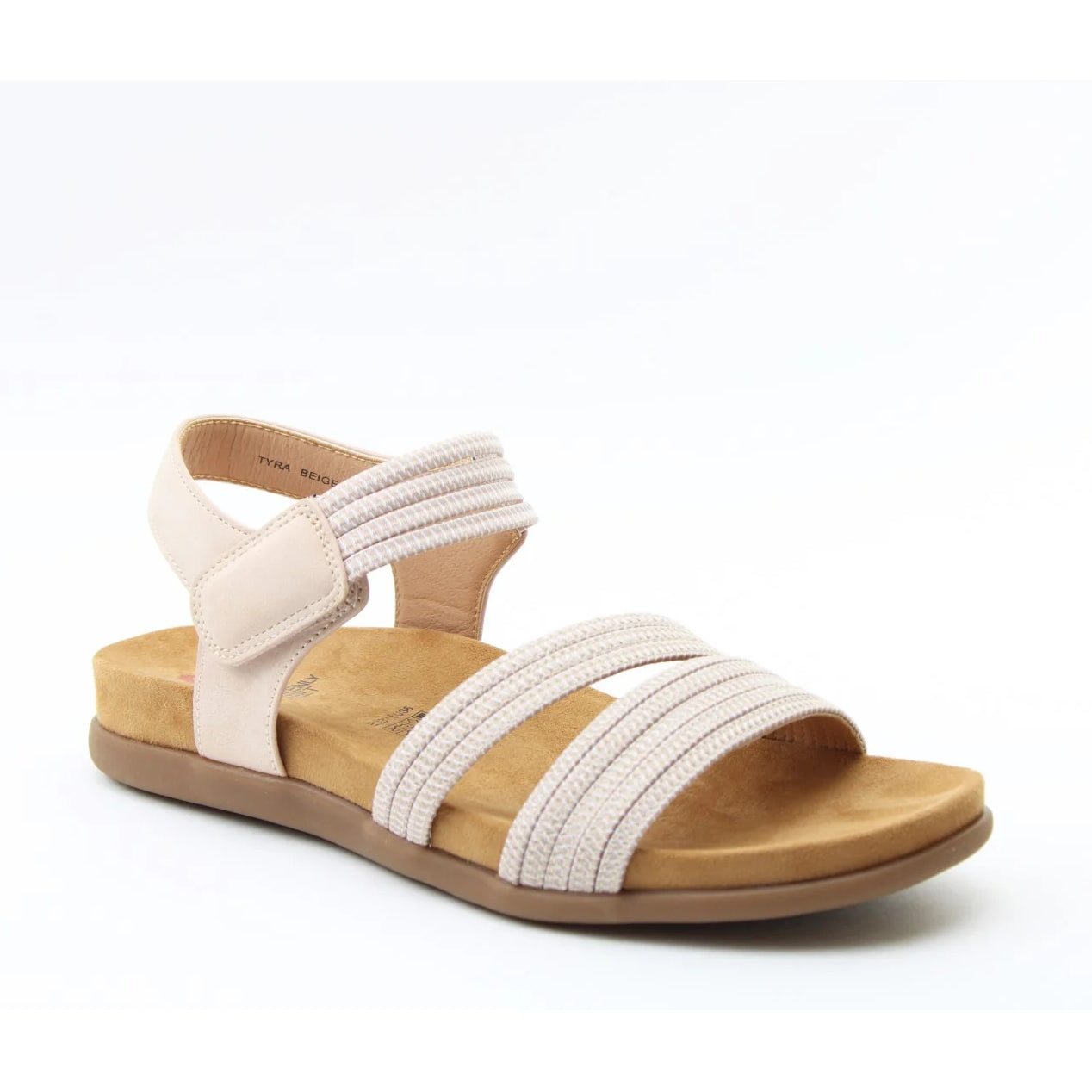 Main front view of a women's Heavenly Feet Tyra sandal in beige with two front straps, adjustable ankle strap and a tan coloured sole.