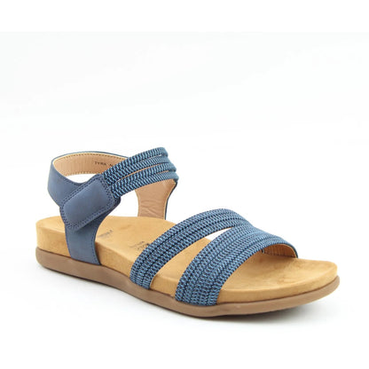 Main front view of a women's Heavenly Feet Tyra sandal in navy blue with two front straps, adjustable ankle strap and a tan coloured sole