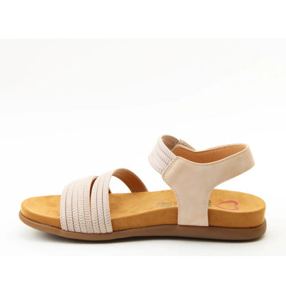 Side view of a women's Heavenly Feet Tyra sandal in beige with two front straps, ankle strap and a tan coloured sole.