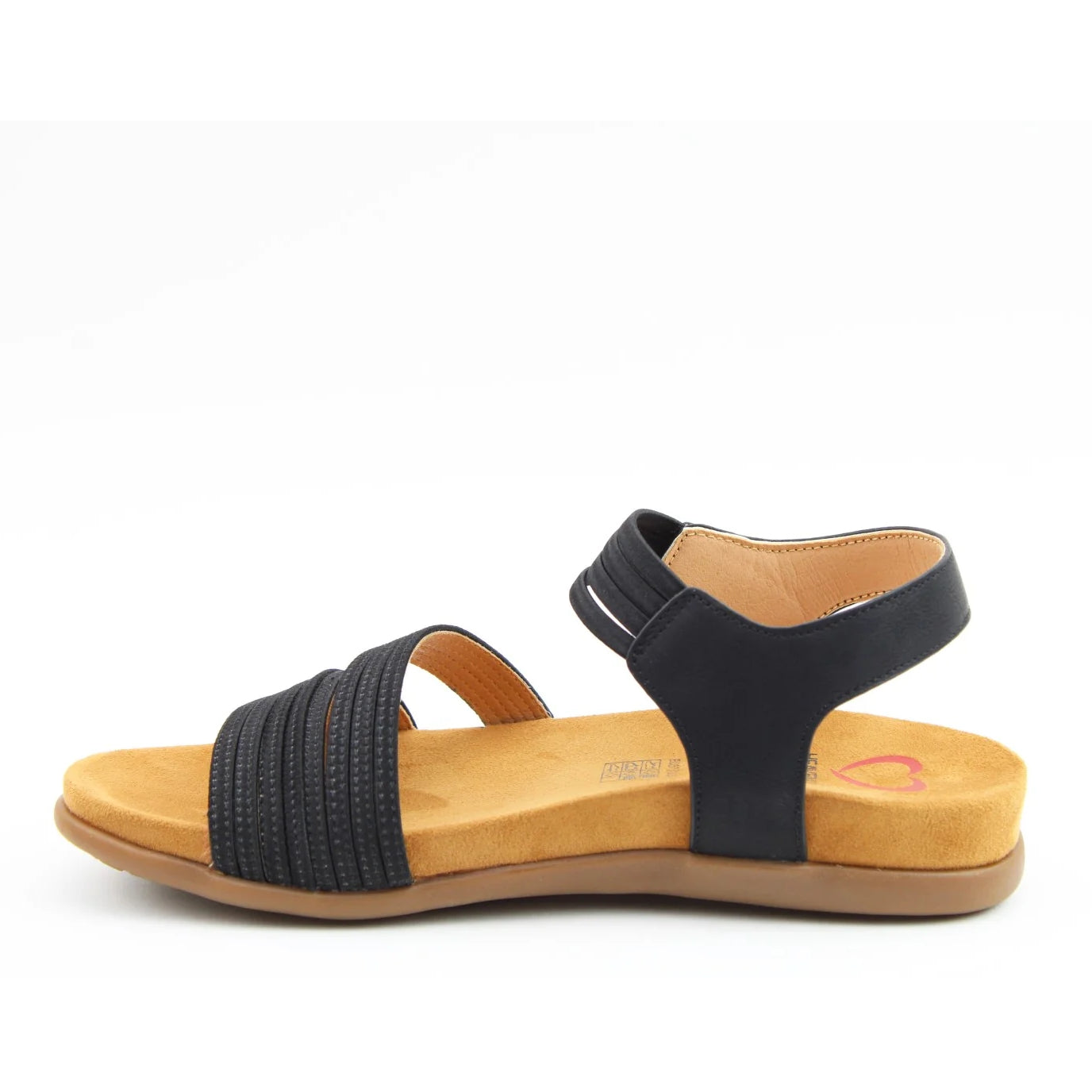 Side view of a women's Heavenly Feet Tyra sandal in black with two front straps, ankle strap and a tan coloured sole.