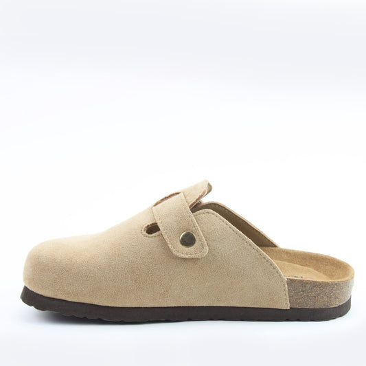 Side view of a womens Heavenly Feet Alessia Cool beige mule clog shoe with a gold buckle