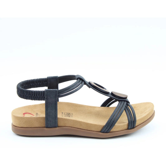 Side main view of a Heavenly Feet womens Alison t-strap sandal in black with elastic ankle strap.