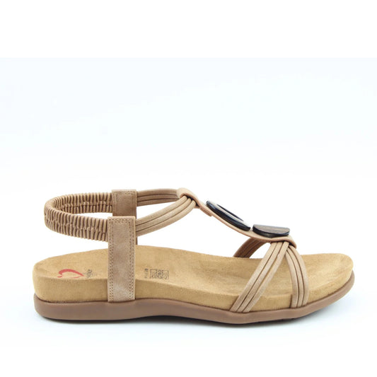 Side main view of a Heavenly Feet womens Alison t-strap sandal in tan brown with elastic ankle strap.