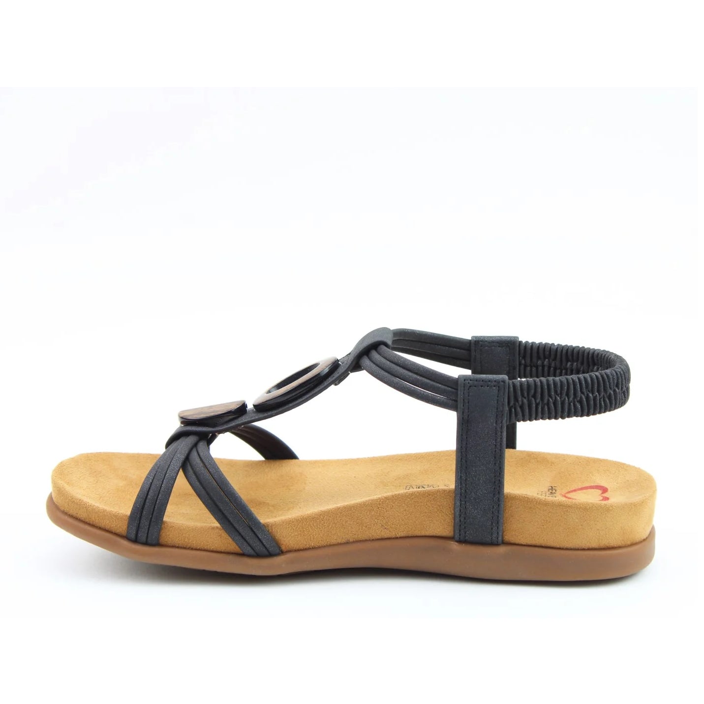 Side view of a black Heavenly Feet womens Alison t-strap sandal with elastic ankle strap.
