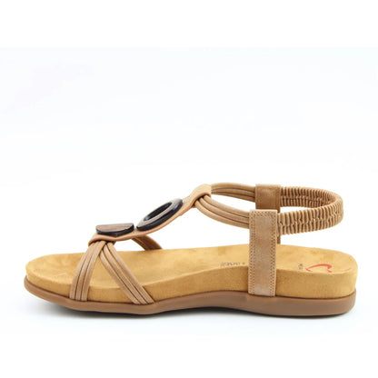 Side view of a tan brown Heavenly Feet womens Alison t-strap sandal with elastic ankle strap.