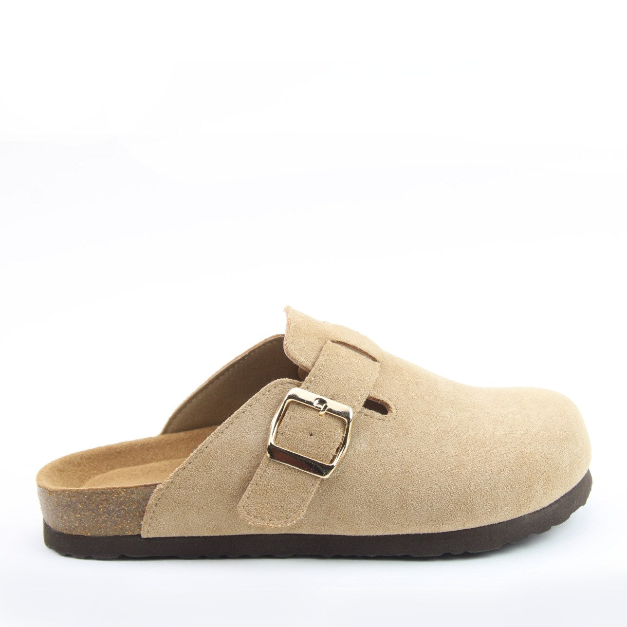 Side view of a Heavenly Feet womens Alessia Cool beige mule clog shoe with a gold buckle