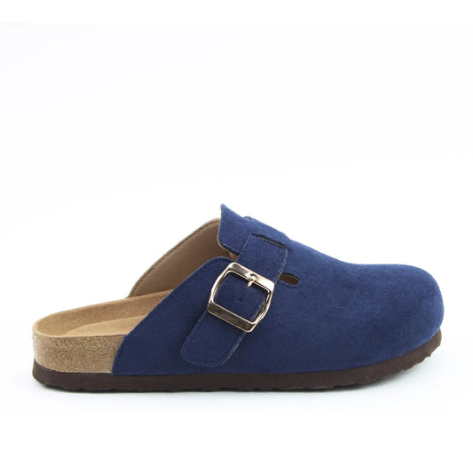 Side view of a womens Heavenly Feet Alessia mule clog shoe in navy with a gold coloured buckle