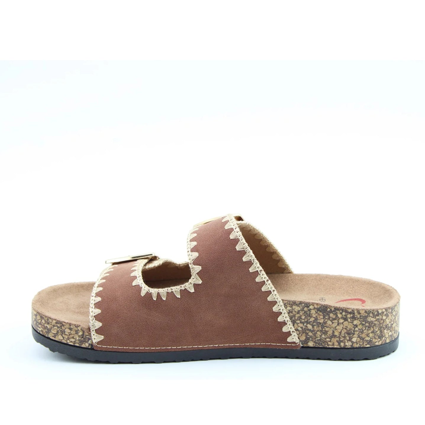 Side view of a women's Bark Brown Heavenly Feet Sandy double buckle slider sandal with embroidered straps.