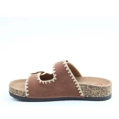 Side view of a women's Bark Brown Heavenly Feet Sandy double buckle slider sandal with embroidered straps.