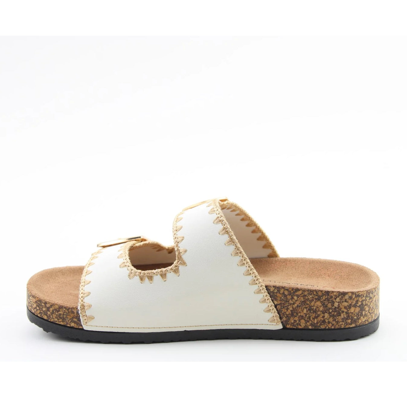 Side view of a women's Beige Heavenly Feet Sandy double buckle slider sandal with embroidered straps.