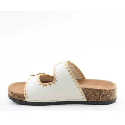 Side view of a women's Beige Heavenly Feet Sandy double buckle slider sandal with embroidered straps.