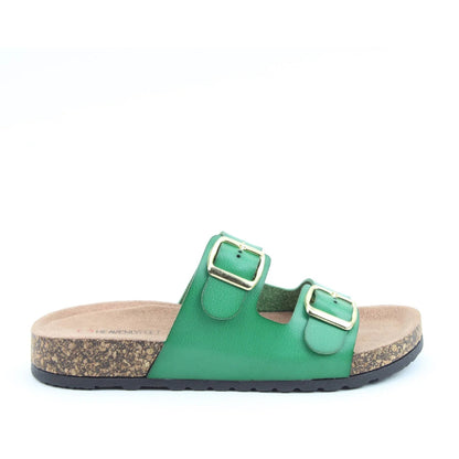 Side view of a womens Heavenly Feet Harmony 2 double buckle slider sandal in Fern Green.