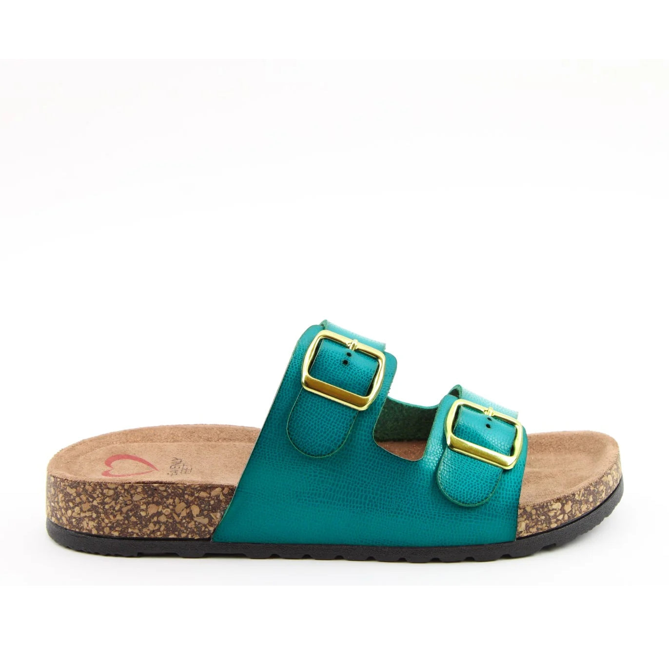 Side view of a womens Heavenly Feet Harmony 2 double buckle slider sandal in Ocean blue.