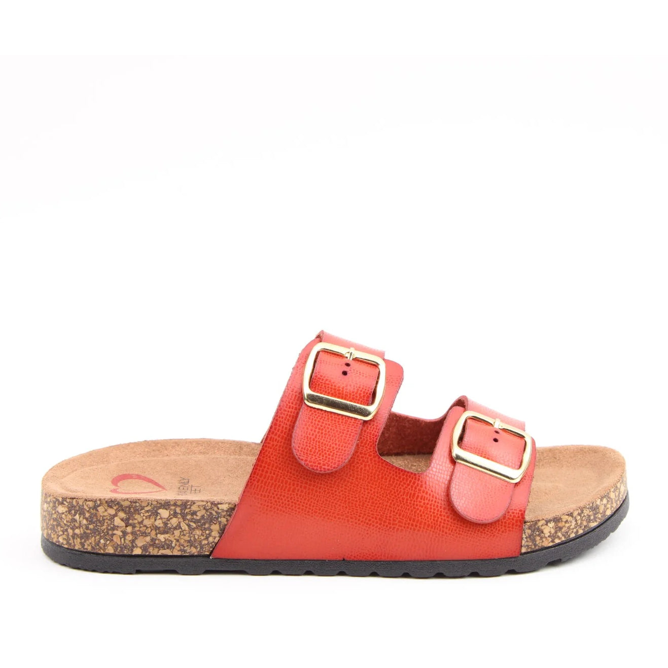 Side view of a womens Heavenly Feet Harmony 2 double buckle slider sandal in Orange.