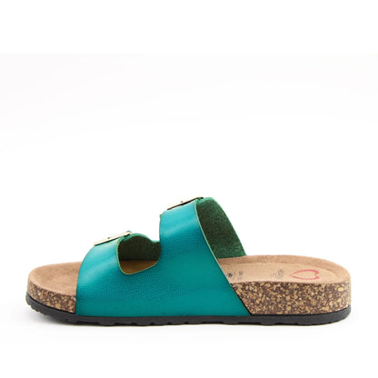 Side view of a womens Ocean blue Heavenly Feet Harmony 2 double buckle slider sandal.