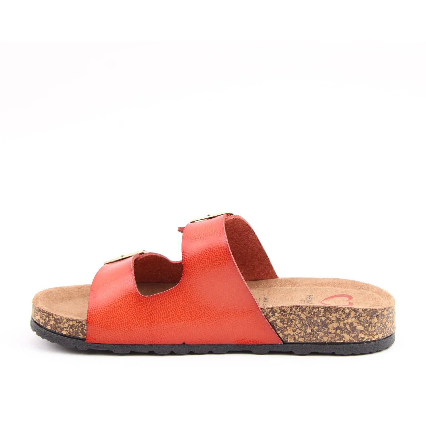 Side view of a womens Orange Heavenly Feet Harmony 2 double buckle slider sandal.