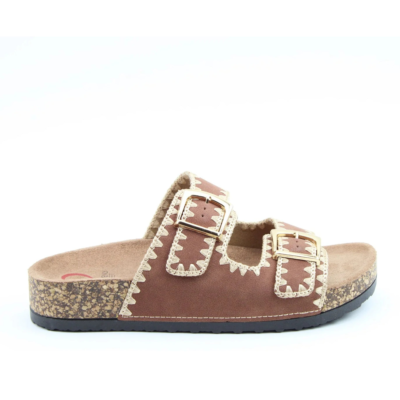 Side view of a women's Heavenly Feet Sandy double buckle slider sandal in Bark Brown with embroidered straps.