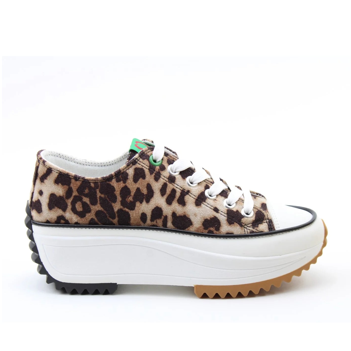 Side view of a Heavenly Feet womens Strata lace up canvas shoe in brown with cheetah animal print and white platform sole.