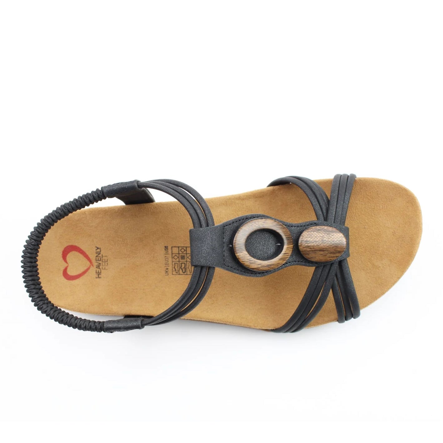 Top view of a Heavenly Feet womens Alison t-strap sandal in black with elastic ankle strap.