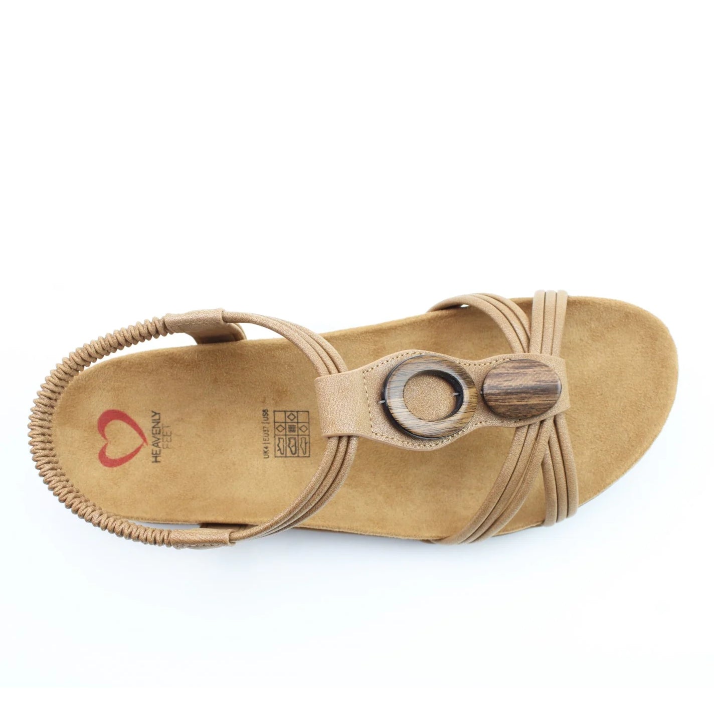 Top view of a Heavenly Feet womens Alison t-strap sandal in tan brown with elastic ankle strap.