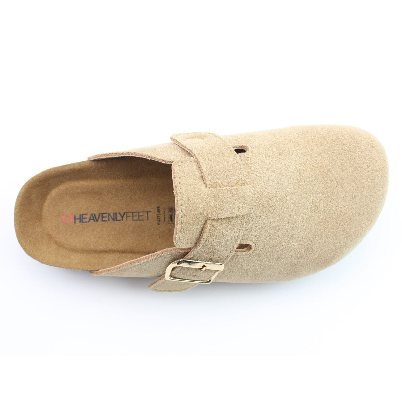 Top view of a Heavenly Feet womens Alessia Cool beige mule clog shoe with a gold buckle and logo on the footbed