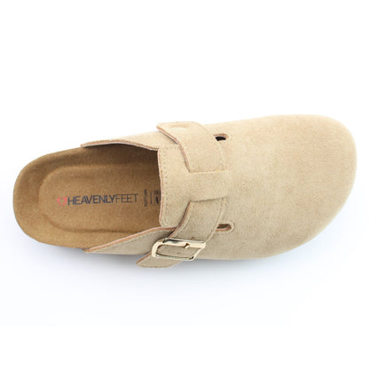 Top view of a Heavenly Feet womens Alessia Cool beige mule clog shoe with a gold buckle and logo on the footbed