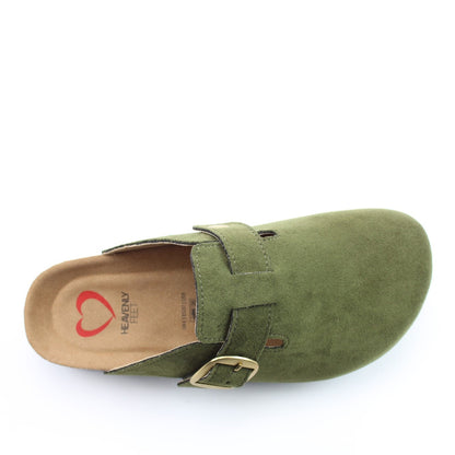 Top view of a womens Heavenly Feet Alessia Cool Forest Green mule clog shoe with a gold buckle and footbed logo