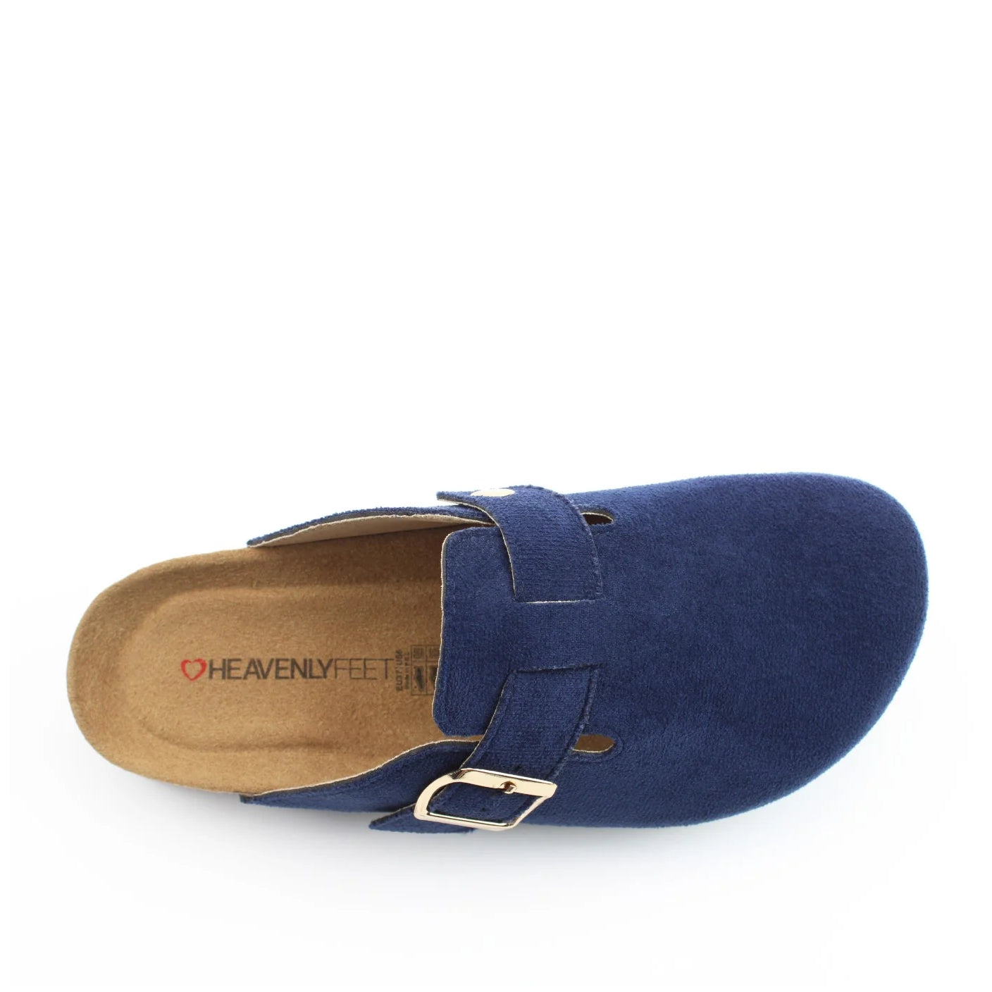 Top view of a womens Heavenly Feet Alessia mule clog shoe in navy with a gold coloured buckle and footbed logo