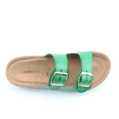 Top view of a womens Heavenly Feet Harmony 2 double buckle slider sandal in Fern Green.
