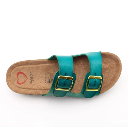 Top view of a womens Heavenly Feet Harmony 2 double buckle slider sandal in Ocean blue.