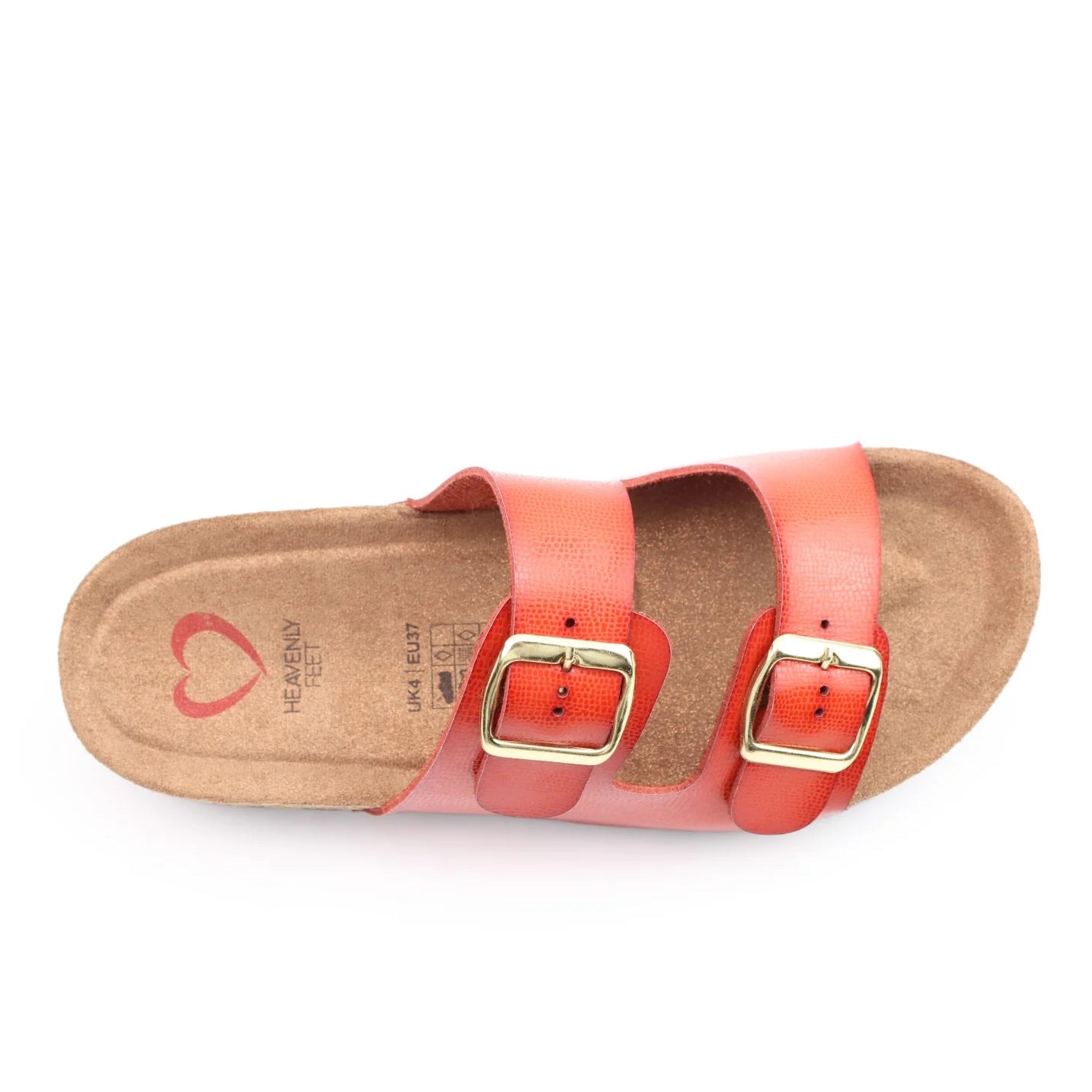 Top view of a womens Heavenly Feet Harmony 2 double buckle slider sandal in Orange.