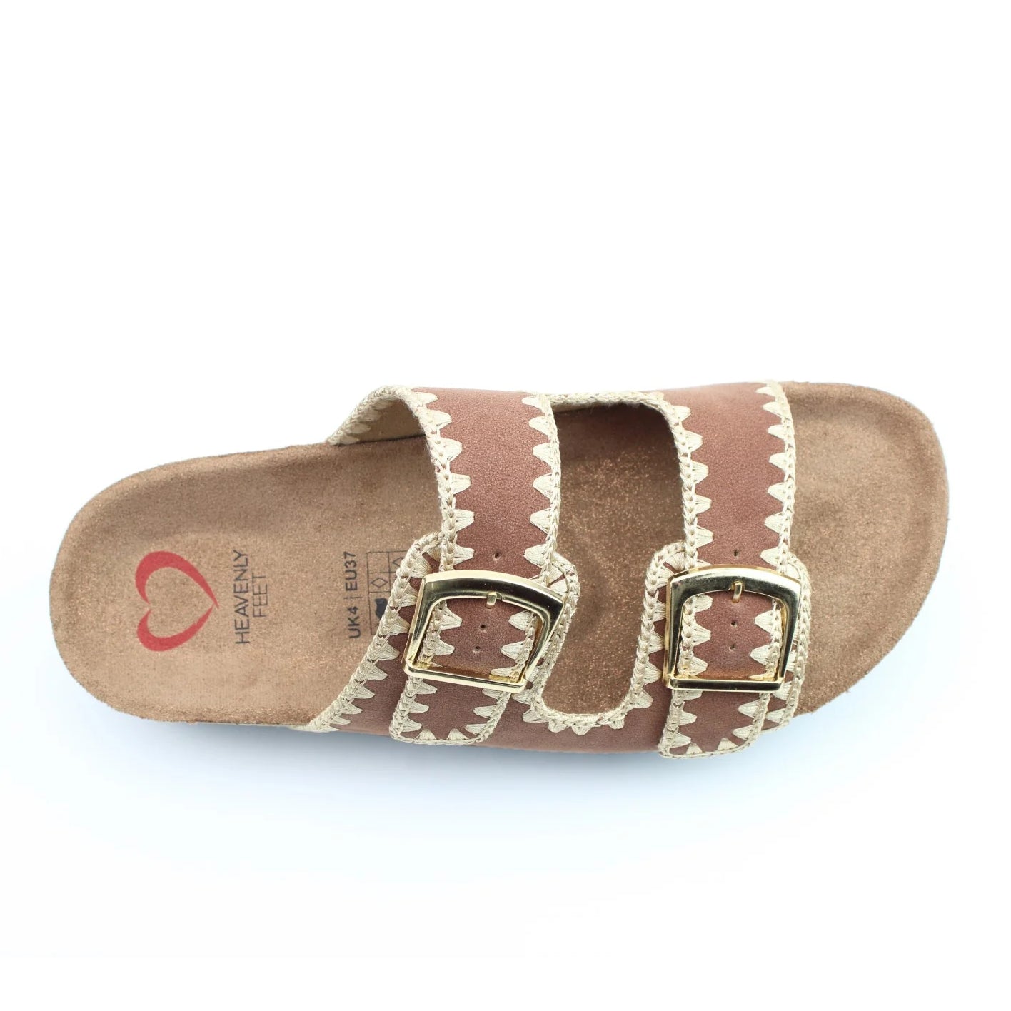 Top view of a women's Heavenly Feet Sandy double buckle slider sandal in Bark Brown with embroidered straps.