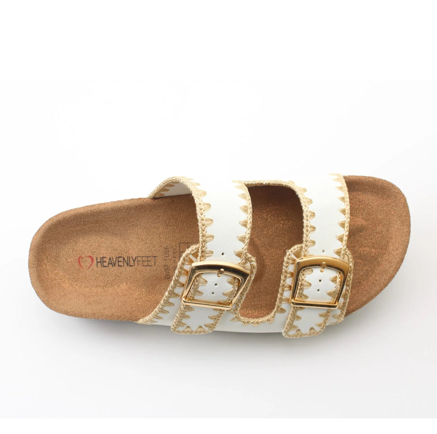 Top view of a women's Heavenly Feet Sandy double buckle slider sandal in Beige with embroidered straps.