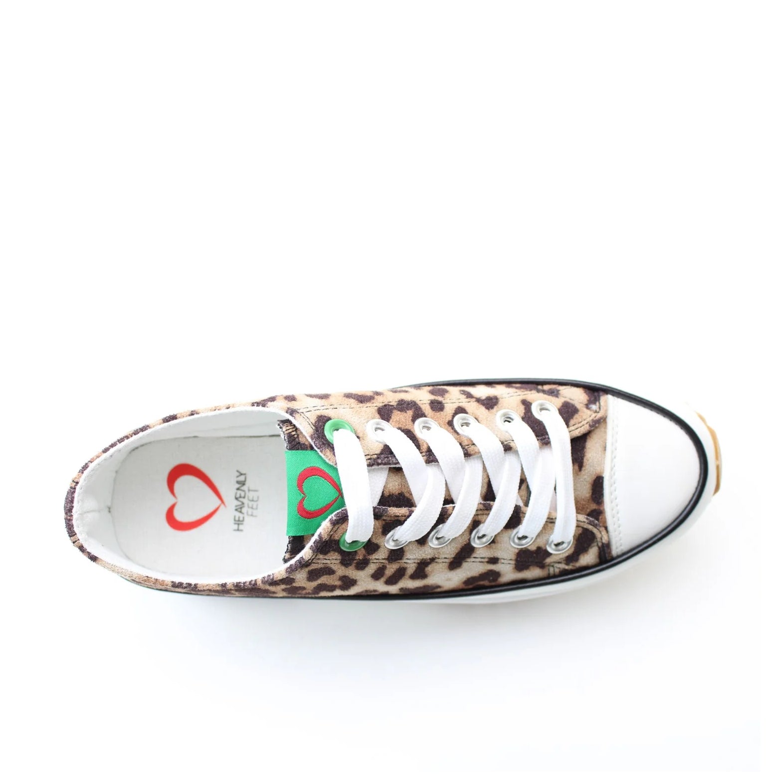 Top view of a Heavenly Feet womens Strata lace up canvas shoe in brown with cheetah animal print and white platform sole.