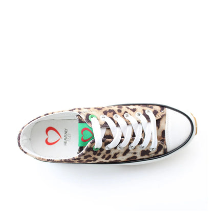 Top view of a Heavenly Feet womens Strata lace up canvas shoe in brown with cheetah animal print and white platform sole.
