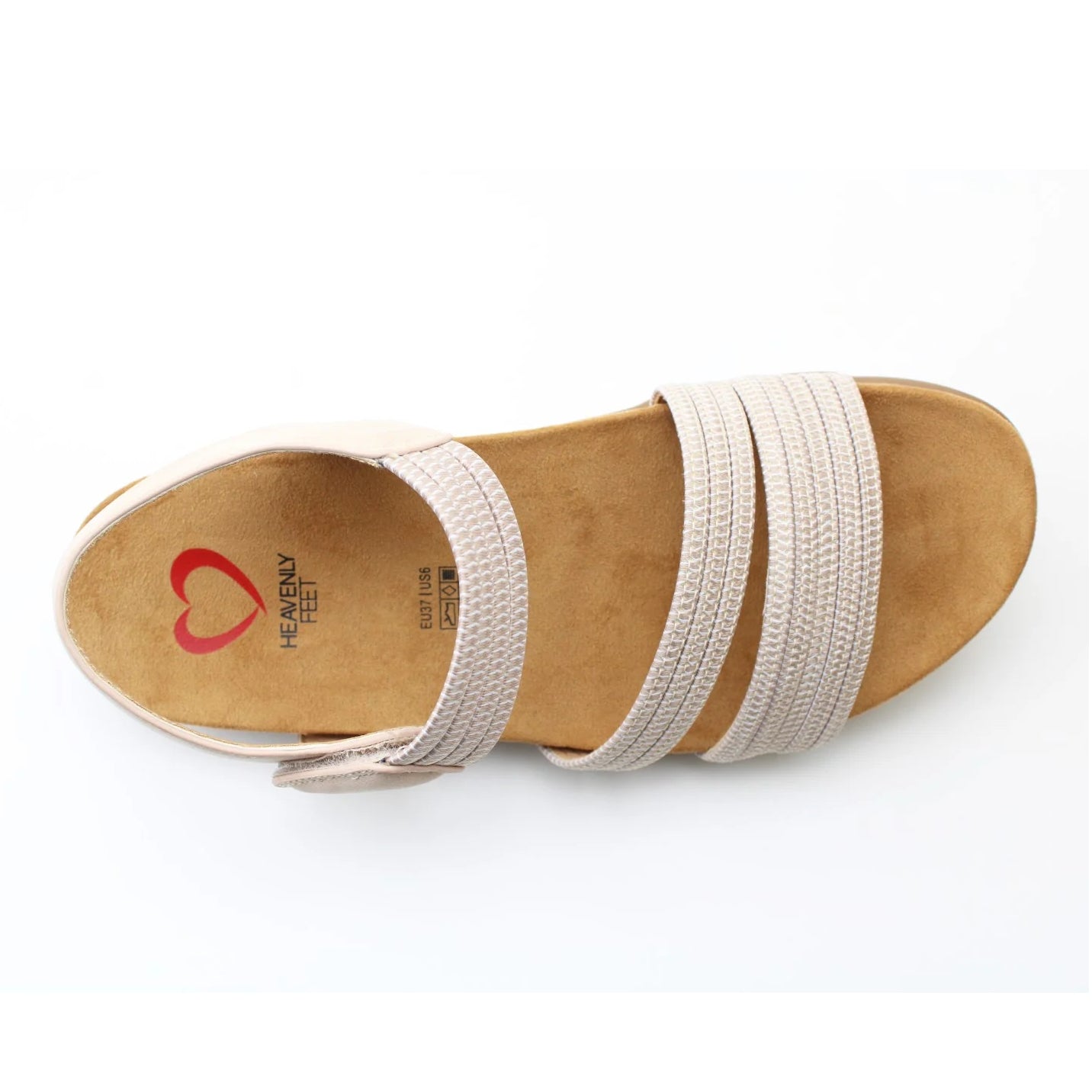 Top view of a women's Heavenly Feet Tyra sandal in beige with two front straps, adjustable ankle strap and a tan coloured sole.