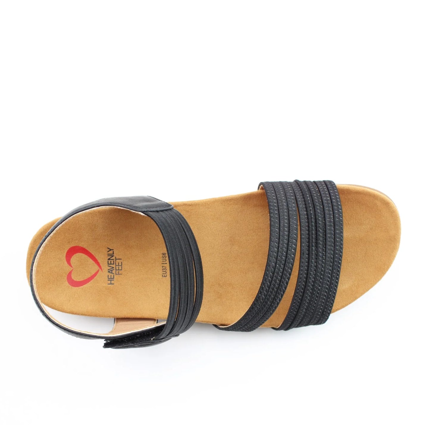 Top view of a women's Heavenly Feet Tyra sandal in black with two front straps, adjustable ankle strap and a tan coloured sole.