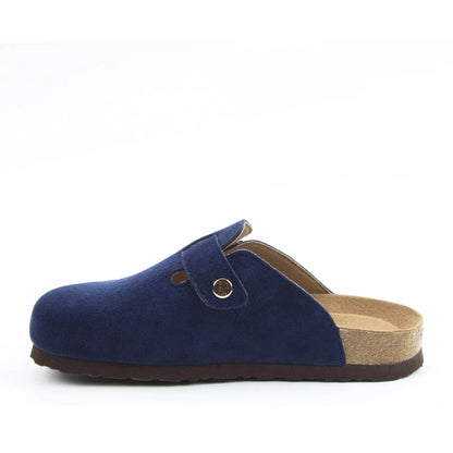 Side view of a womens Heavenly Feet slip-on Alessia mule clog shoe in navy.