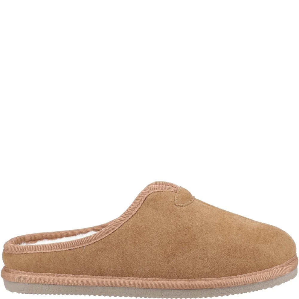 Tan Hush Puppies mens slipper on a white background