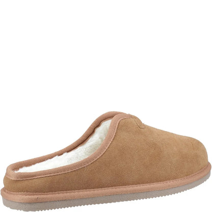 Hush Puppies mens tan Conrad mule slipper with white faux fur interior on a white background