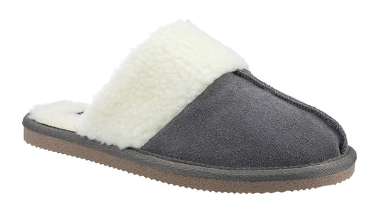 Main view of a pair of Hush Puppies womens Arianna mule slippers in grey with faux fur lining.