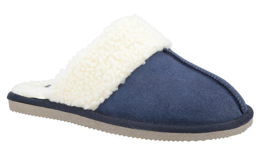 Main view of a womens Hush Puppies Arianna mule slipper in navy with faux fur lining on a white background.