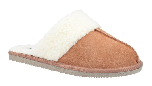 Main view of a womens Hush Puppies Ariana slipper with faux fur trim in Tan on a white background.