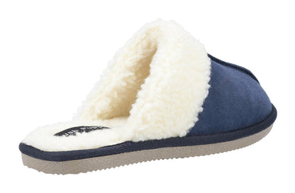 Back view of a Hush Puppies womens Arianna mule slipper in navy with a faux fur lining.