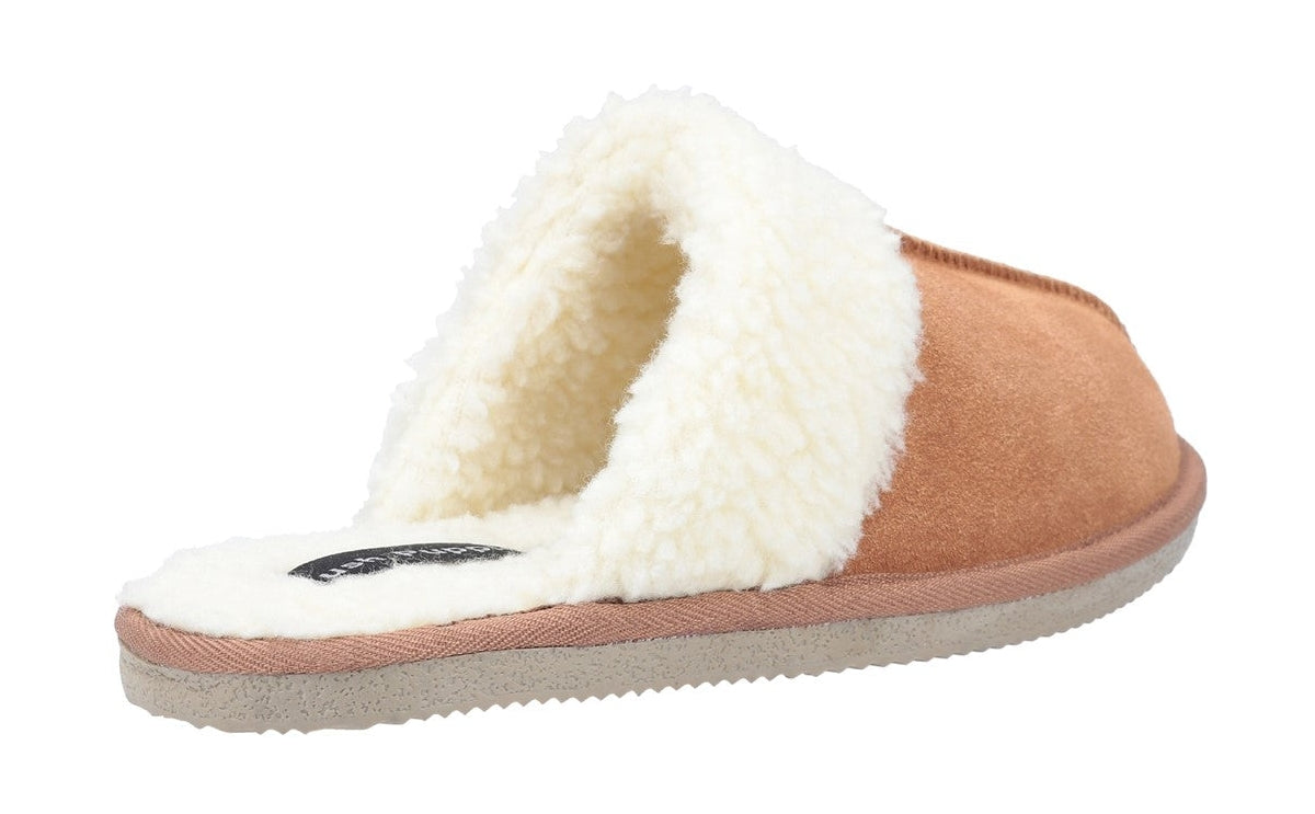 Back view of a womens Hush Puppies Arianna mule slipper in tan with faux fur lining.