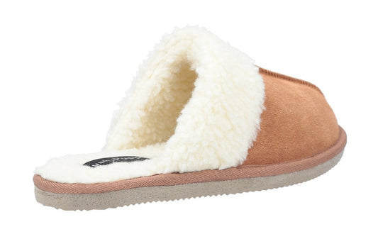Back view of a womens Hush Puppies Arianna mule slipper in tan with faux fur lining.
