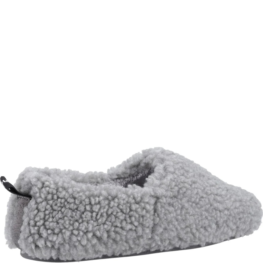 Back view of a womens Hush Puppies Emily slipper in a fluffy grey coloured fabric.