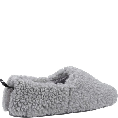 Back view of a womens Hush Puppies Emily slipper in a fluffy grey coloured fabric.