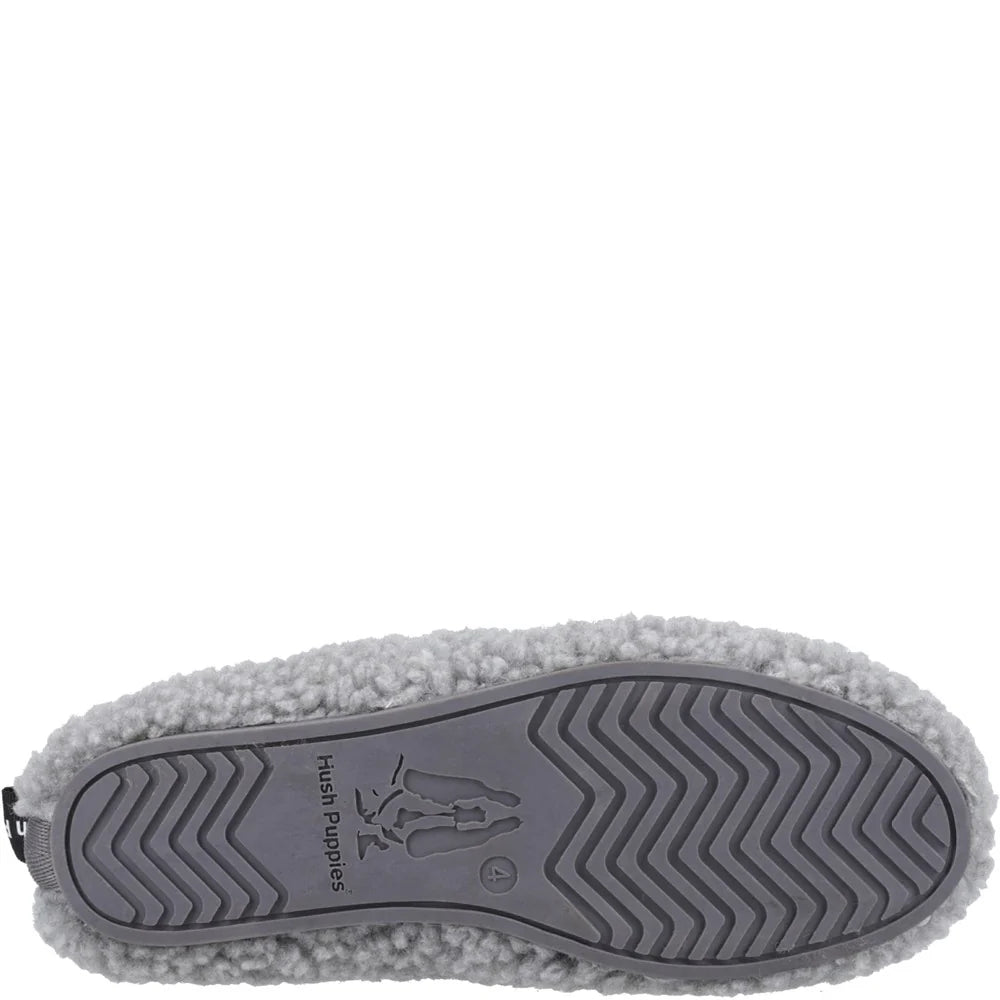 Bottom sole view of a womens Hush Puppies Emily slipper in a fluffy grey coloured fabric.